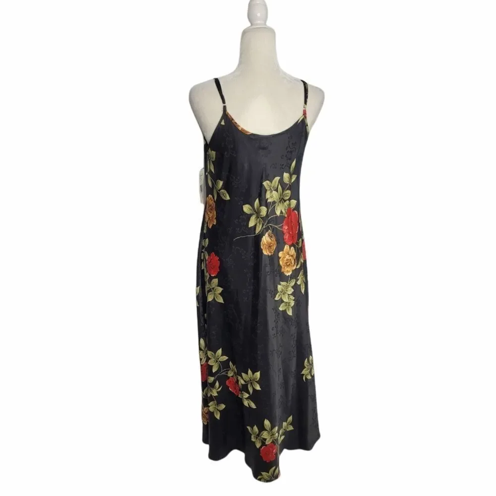 NEW VINTAGE 90s deadstock black dark floral‎ nightgown and robe M - Picture 2 of 11